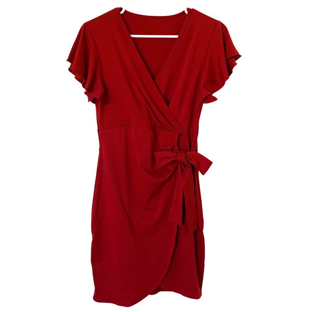Red Faux Wrap Dress with Side Tie – Short Sleeve Knee Length Women’s Size M - Picture 9 of 10